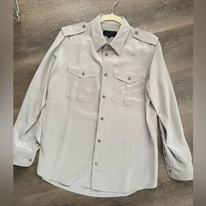 Nili Lotan Silk Jeanette Blouse Light Gray Silver Women's Medium Button Down Top